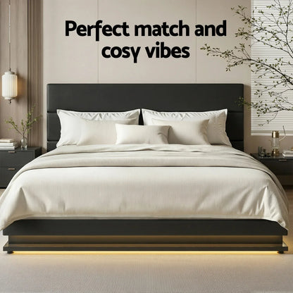 Artiss Bed Frame King Size LED Gas Lift Black LUMI