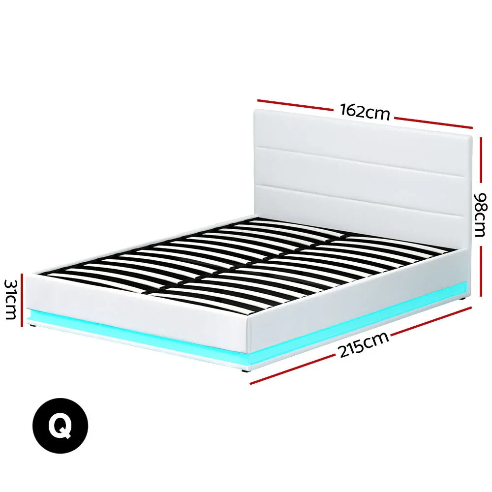 Artiss Bed Frame Queen Size LED Gas Lift White LUMI - Mekamart Australia