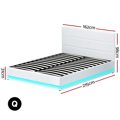 Artiss Bed Frame Queen Size LED Gas Lift White LUMI - Mekamart Australia