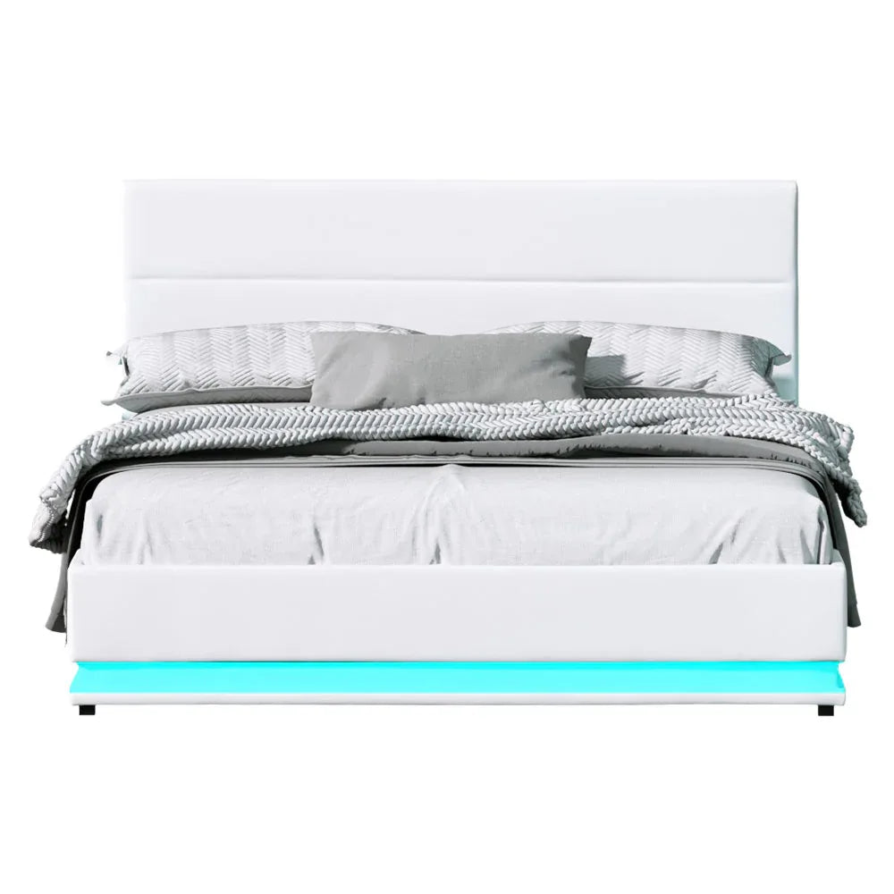 Artiss Bed Frame Queen Size LED Gas Lift White LUMI - Mekamart Australia