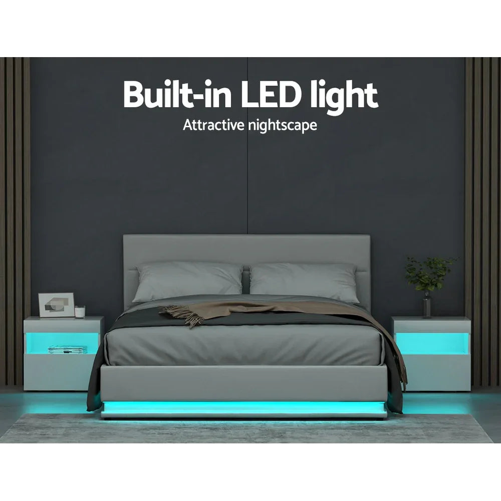 Artiss Bed Frame Queen Size LED Gas Lift White LUMI - Mekamart Australia