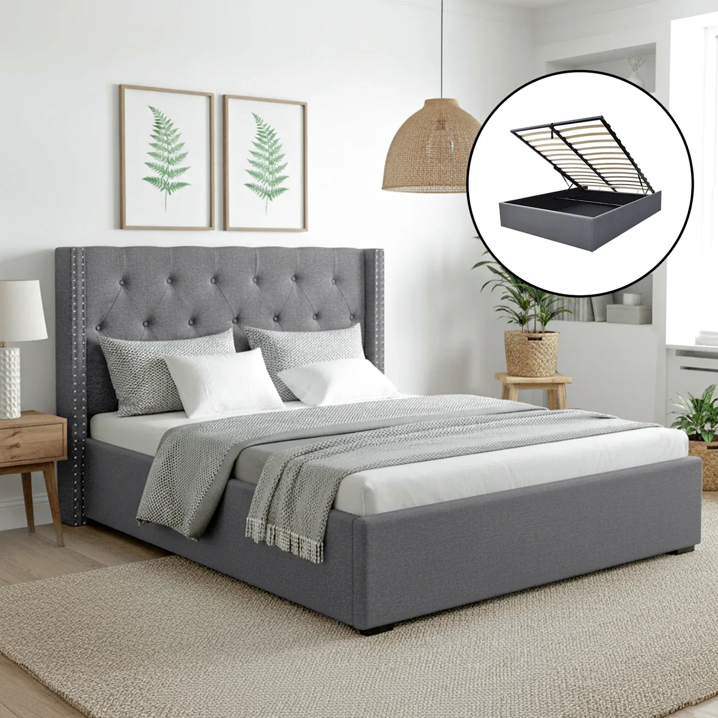 Artiss Queen Bed Frame Storage Tufted Headboard Gas Lift Base Grey - Mekamart Australia