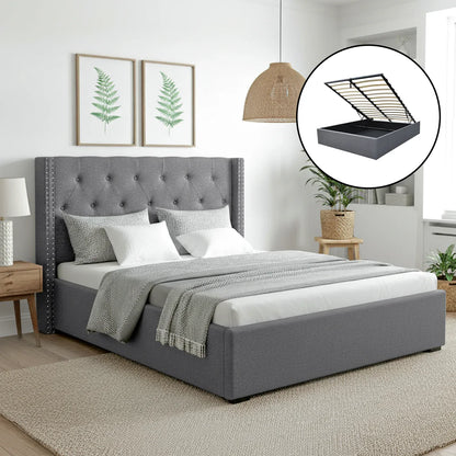 Artiss Queen Bed Frame Storage Tufted Headboard Gas Lift Base Grey - Mekamart Australia