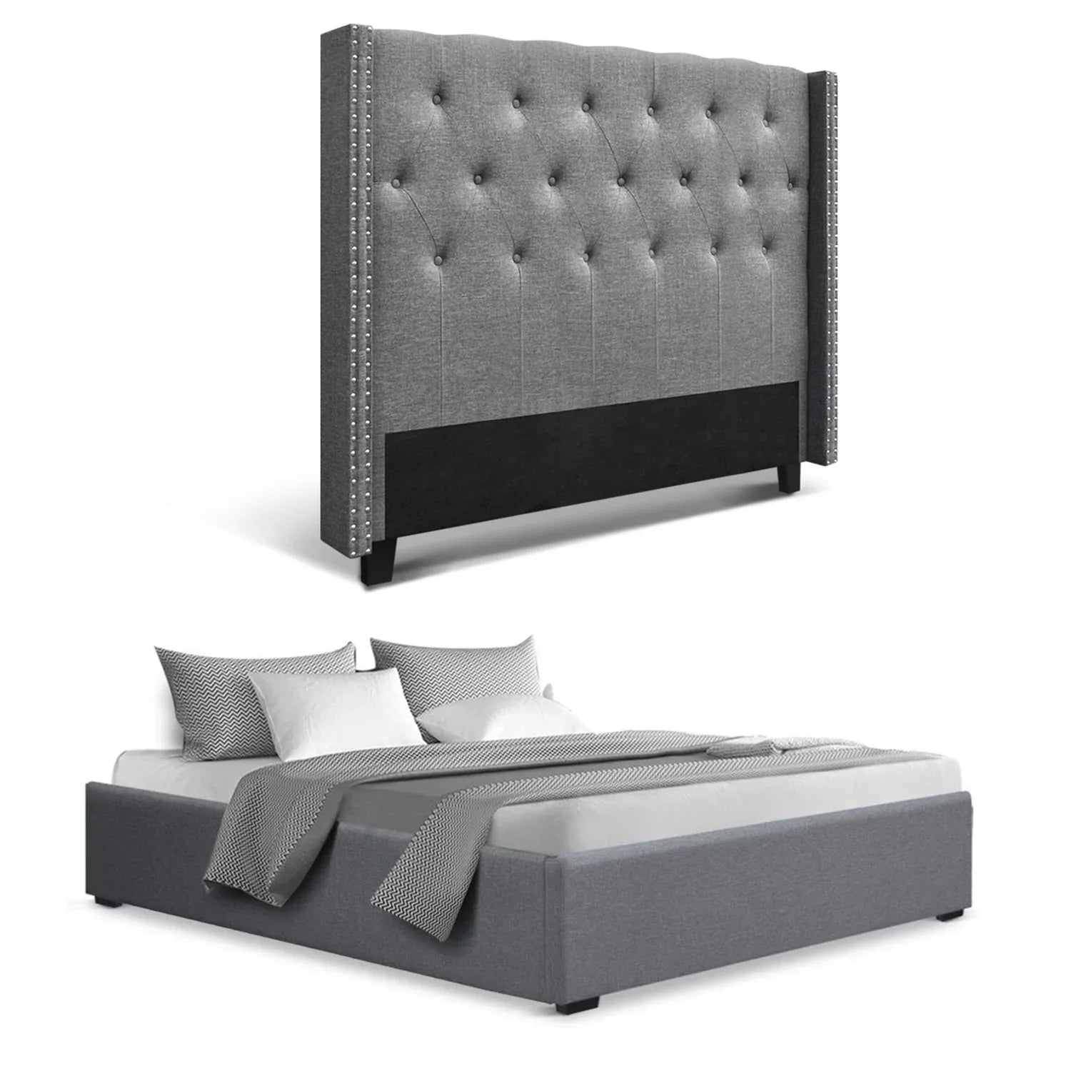 Artiss Queen Bed Frame Storage Tufted Headboard Gas Lift Base Grey - Mekamart Australia