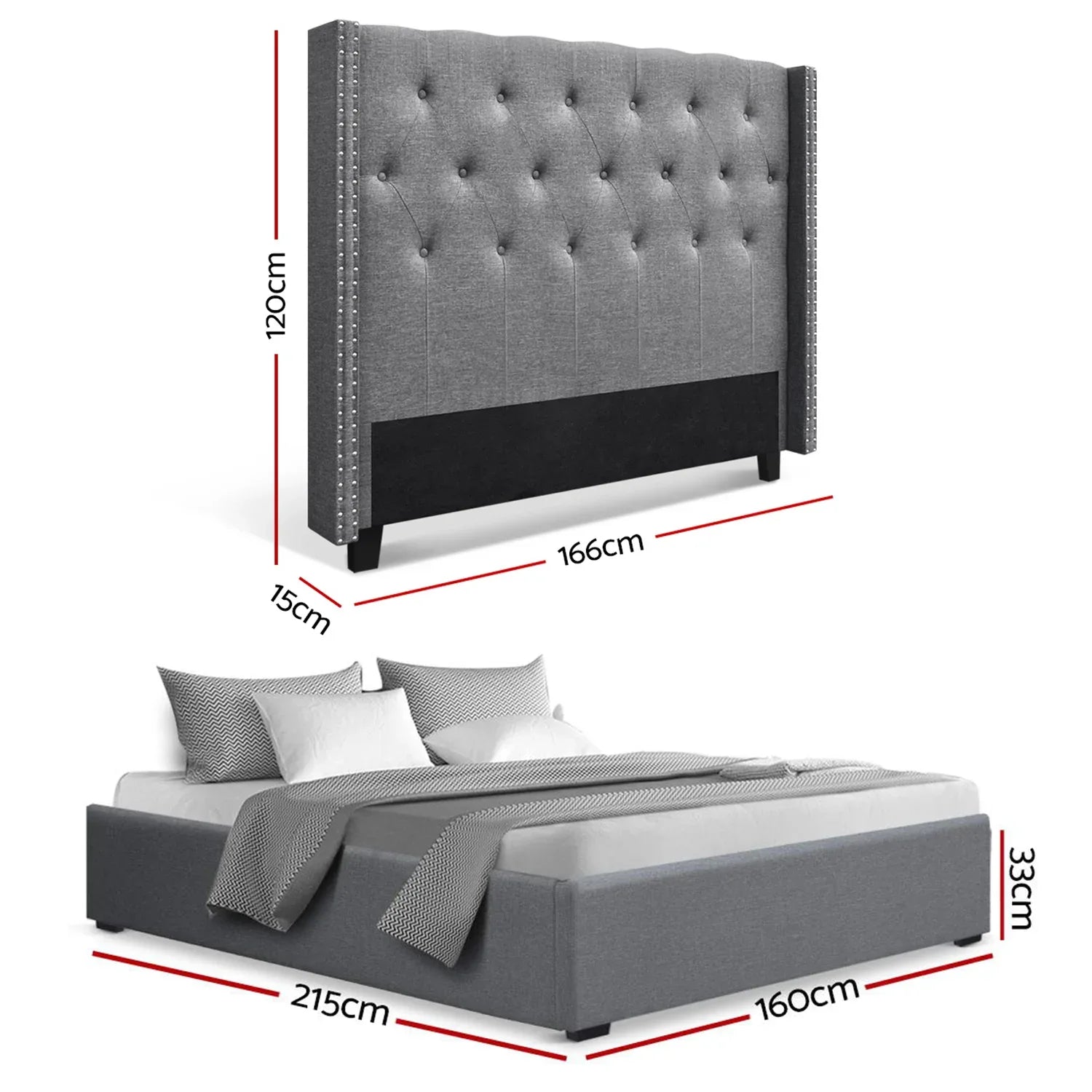 Artiss Queen Bed Frame Storage Tufted Headboard Gas Lift Base Grey - Mekamart Australia