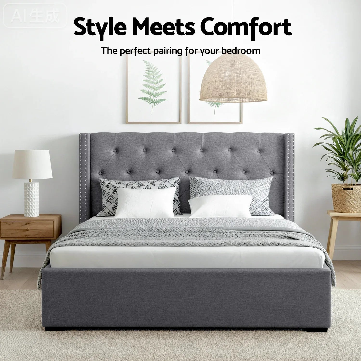 Artiss Queen Bed Frame Storage Tufted Headboard Gas Lift Base Grey - Mekamart Australia