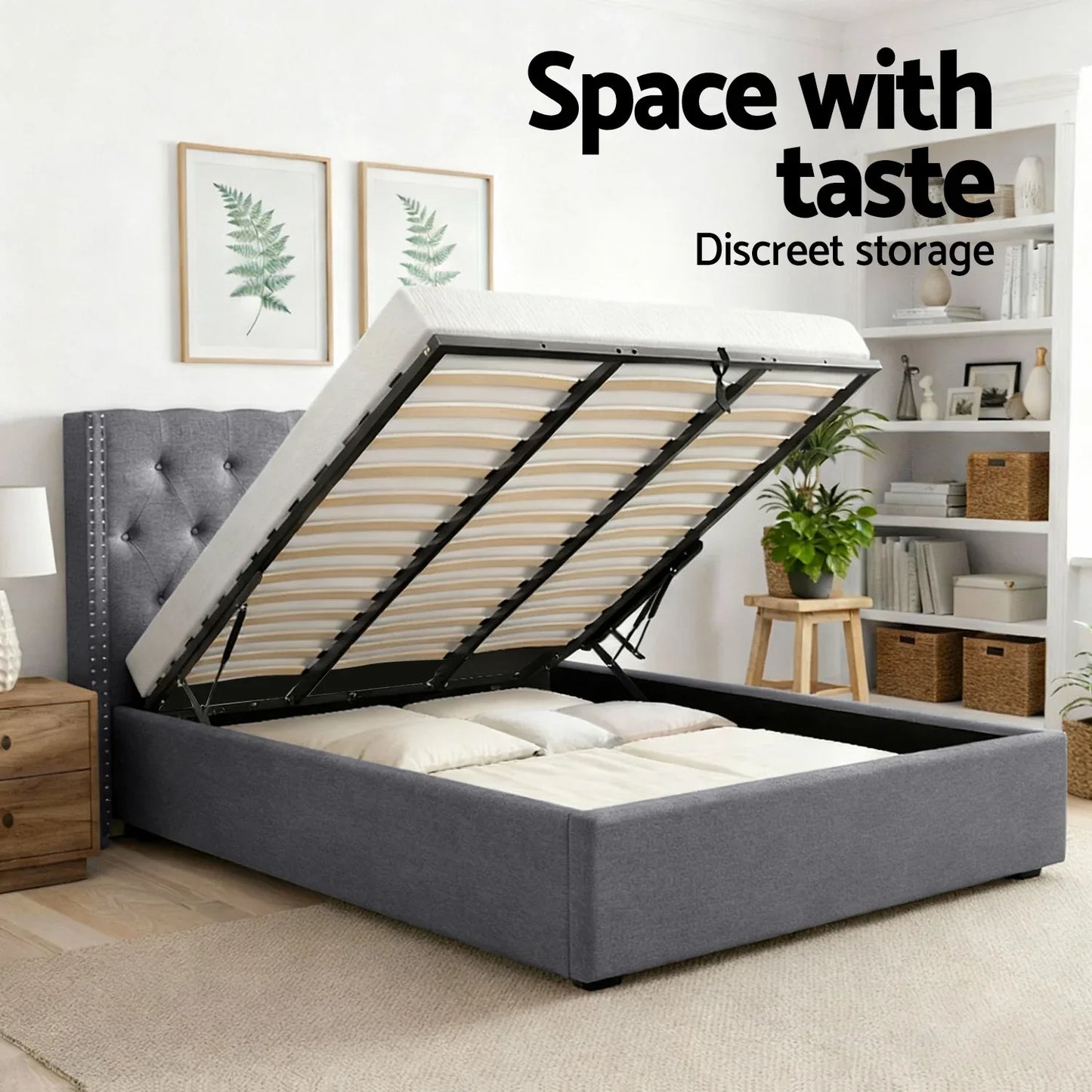 Artiss Queen Bed Frame Storage Tufted Headboard Gas Lift Base Grey - Mekamart Australia