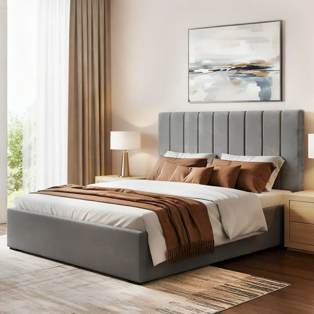 Artiss Double Bed Frame with Storage Grey Velvet Headboard Gas Lift Platform Base - Mekamart Australia
