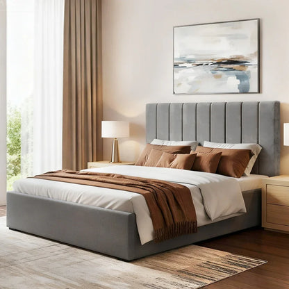 Artiss Double Bed Frame with Storage Grey Velvet Headboard Gas Lift Platform Base - Mekamart Australia