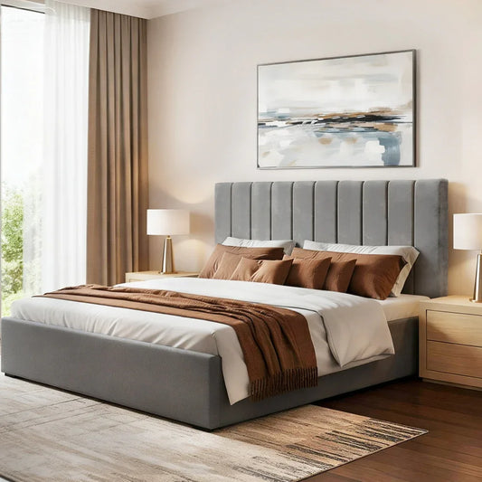 Artiss King Bed Frame with Storage Grey Velvet Headboard Gas Lift Platform Base - Mekamart Australia