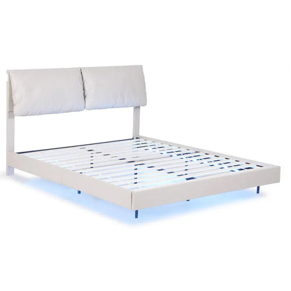 Artiss Double Bed Frame RGB LED Floating Beds Adjustable Headboard Beige White - Mekamart Australia