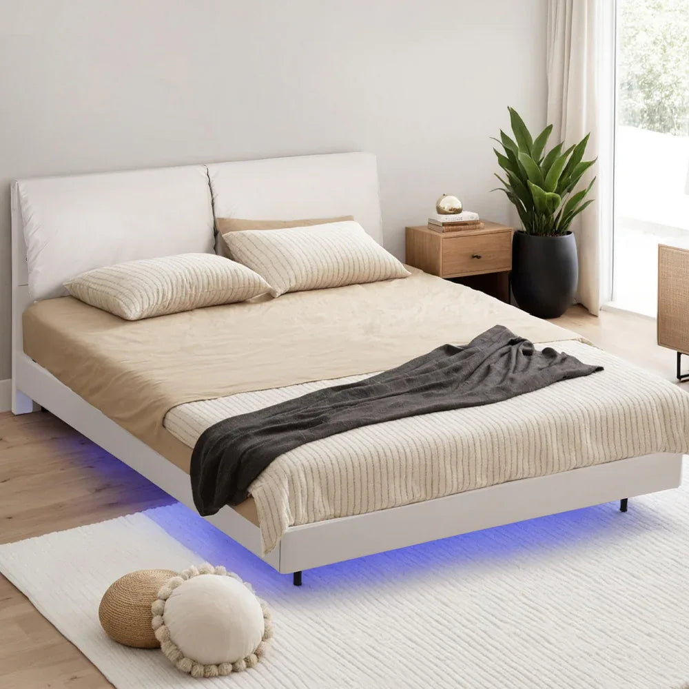 Artiss Double Bed Frame RGB LED Floating Beds Adjustable Headboard Beige White - Mekamart Australia