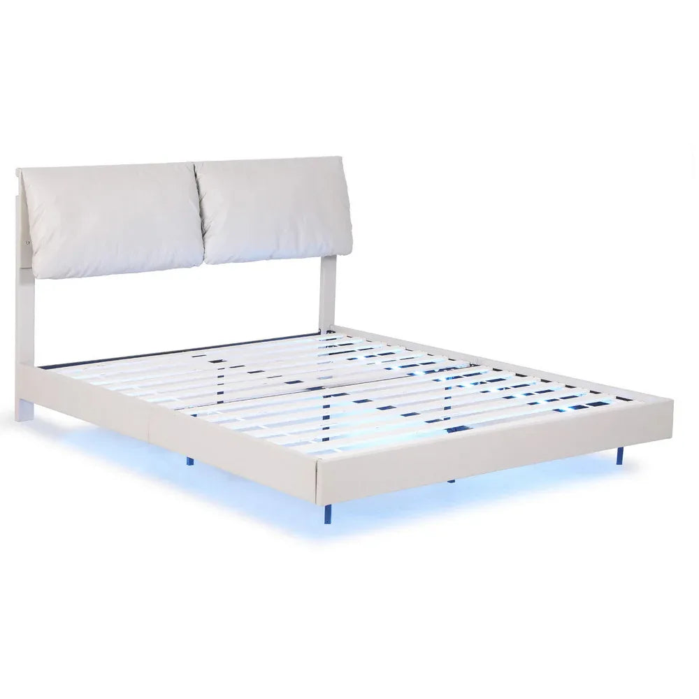 Artiss Queen Bed Frame RGB LED Floating Beds Adjustable Headboard Beige White - Mekamart Australia