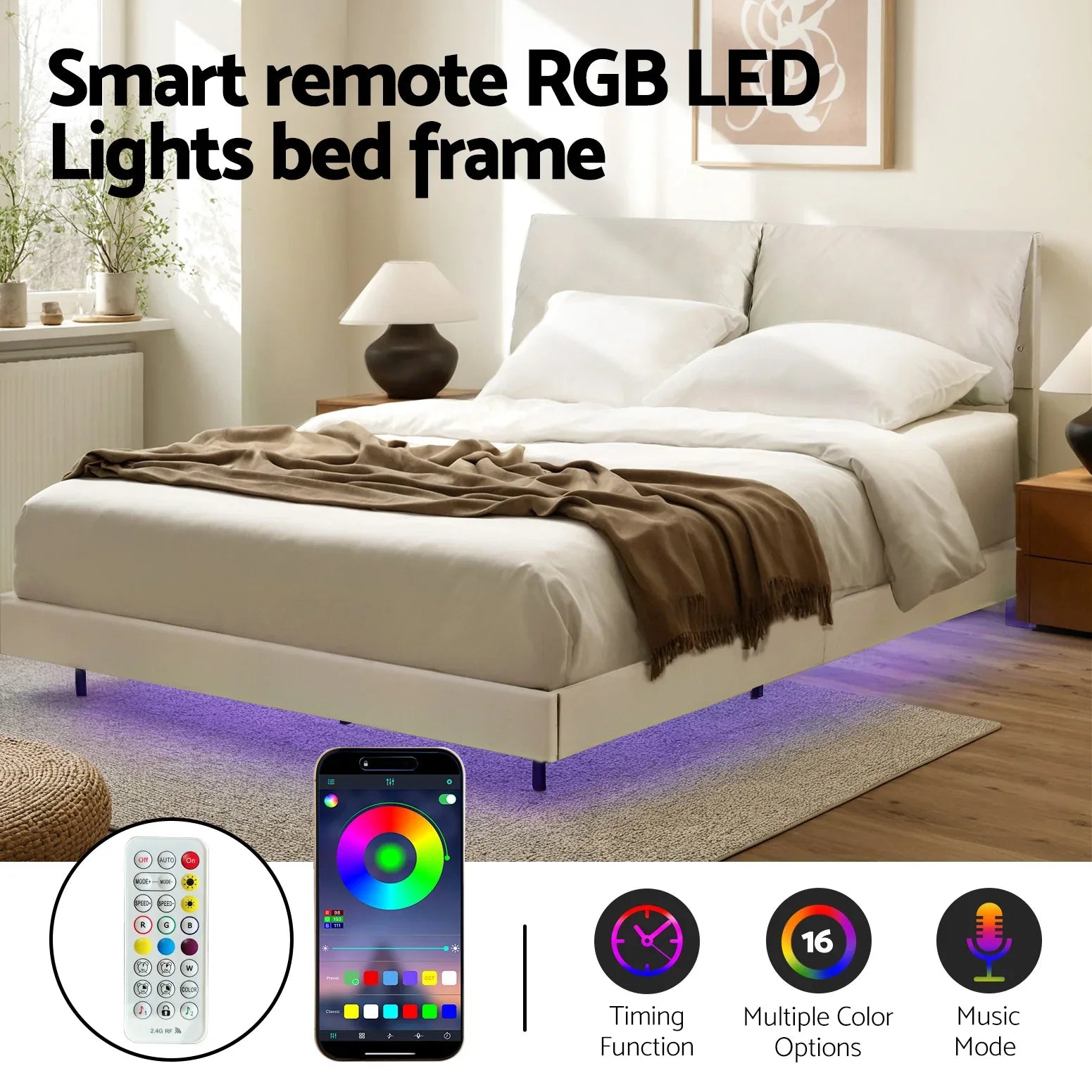 Artiss Queen Bed Frame RGB LED Floating Beds Adjustable Headboard Beige White - Mekamart Australia