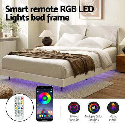 Artiss Queen Bed Frame RGB LED Floating Beds Adjustable Headboard Beige White - Mekamart Australia
