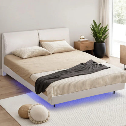 Artiss Queen Bed Frame RGB LED Floating Beds Adjustable Headboard Beige White - Mekamart Australia