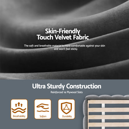 Artiss King Size Bed Frame Plush Soft Headboard Velvet Platform Base for Modern Bedrooms Grey