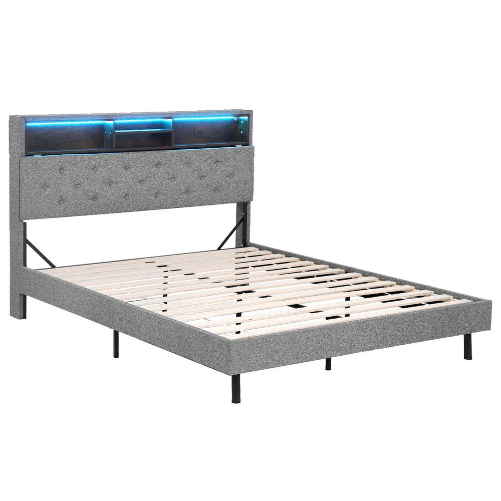 Artiss Bed Frame Double Size LED Mattress Base Platform with Storage Shelf Hidden Storage Box Grey - Mekamart Australia