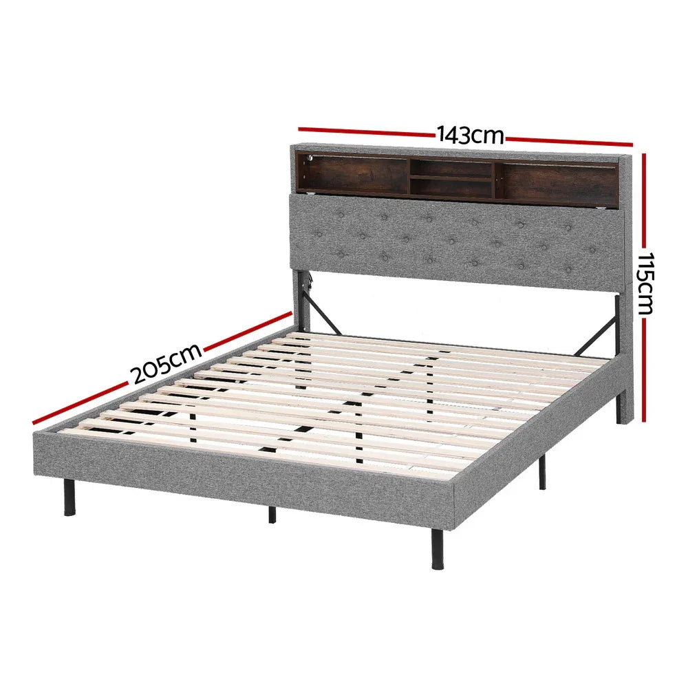 Artiss Bed Frame Double Size LED Mattress Base Platform with Storage Shelf Hidden Storage Box Grey - Mekamart Australia