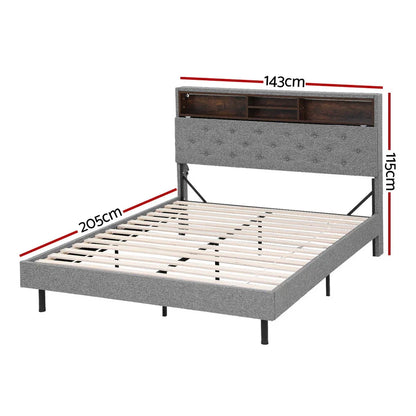 Artiss Bed Frame Double Size LED Mattress Base Platform with Storage Shelf Hidden Storage Box Grey - Mekamart Australia