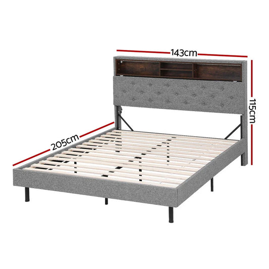 Artiss Bed Frame Double Size LED Mattress Base Platform with Storage Shelf Hidden Storage Box Grey - Mekamart Australia