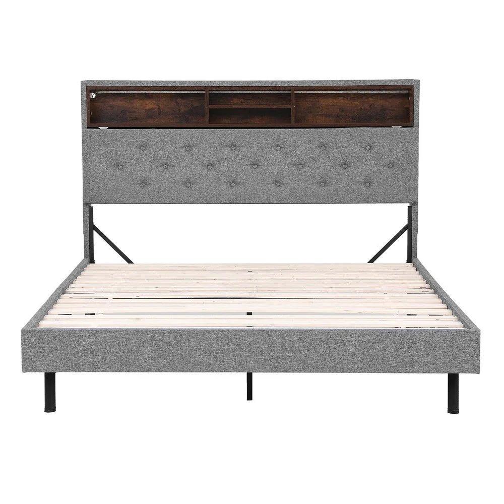 Artiss Bed Frame Double Size LED Mattress Base Platform with Storage Shelf Hidden Storage Box Grey - Mekamart Australia