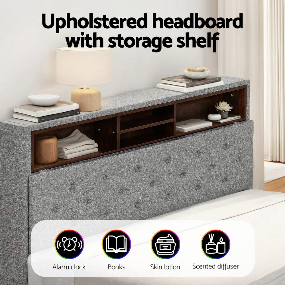 Artiss Bed Frame Double Size LED Mattress Base Platform with Storage Shelf Hidden Storage Box Grey - Mekamart Australia