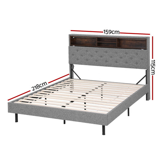 Artiss Bed Frame Queen Size LED Mattress Base Platform with Storage Shelf Hidden Storage Box Grey