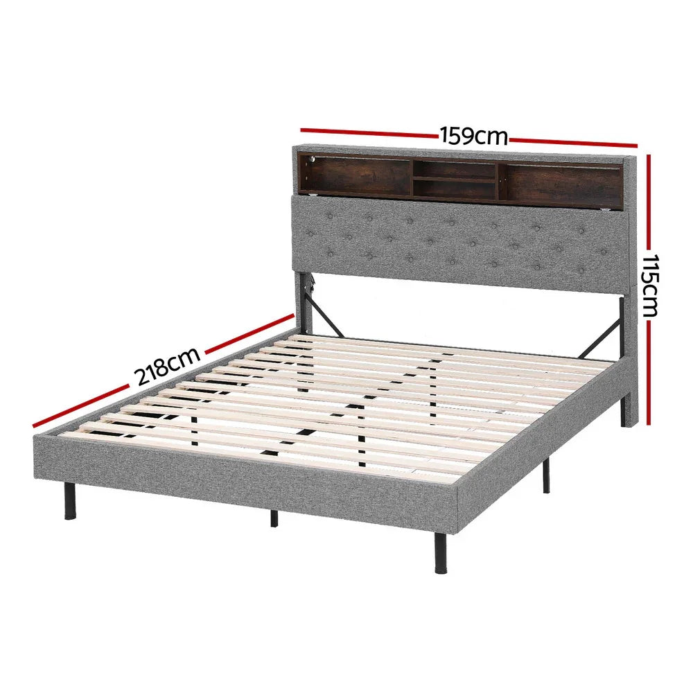 Artiss Bed Frame Queen Size LED Mattress Base Platform with Storage Shelf Hidden Storage Box Grey - Mekamart Australia