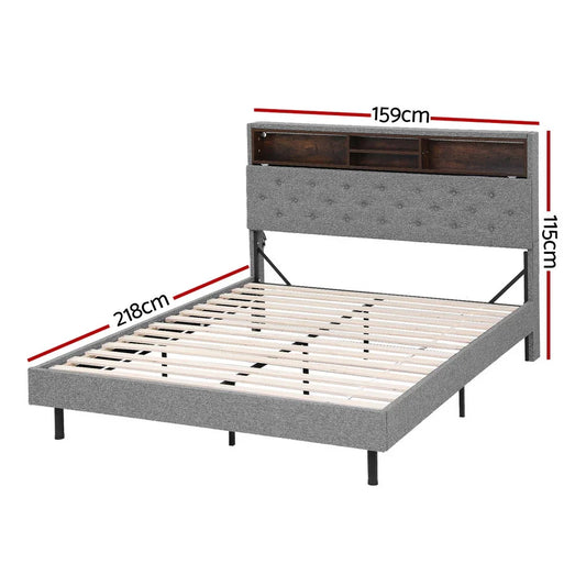 Artiss Bed Frame Queen Size LED Mattress Base Platform with Storage Shelf Hidden Storage Box Grey
