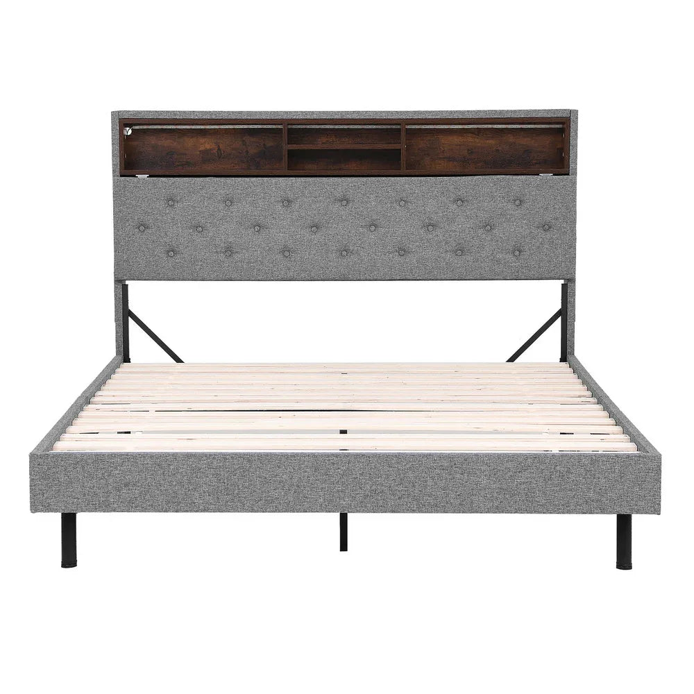 Artiss Bed Frame Queen Size LED Mattress Base Platform with Storage Shelf Hidden Storage Box Grey - Mekamart Australia