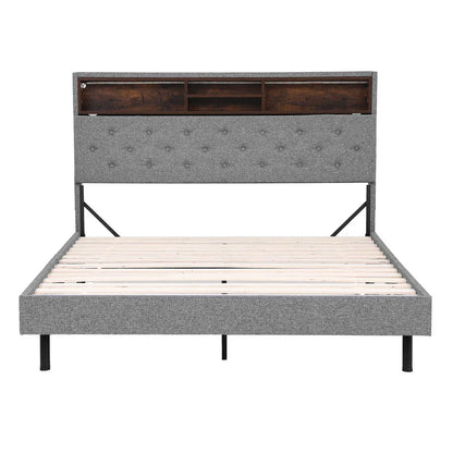 Artiss Bed Frame Queen Size LED Mattress Base Platform with Storage Shelf Hidden Storage Box Grey - Mekamart Australia