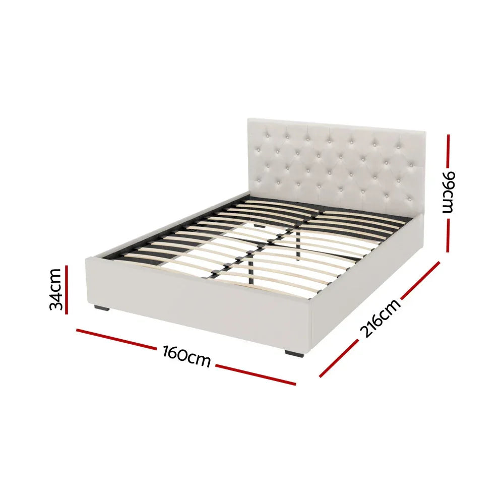 Artiss Bed Frame Queen Size Gas Lift Beige VILA - Mekamart Australia