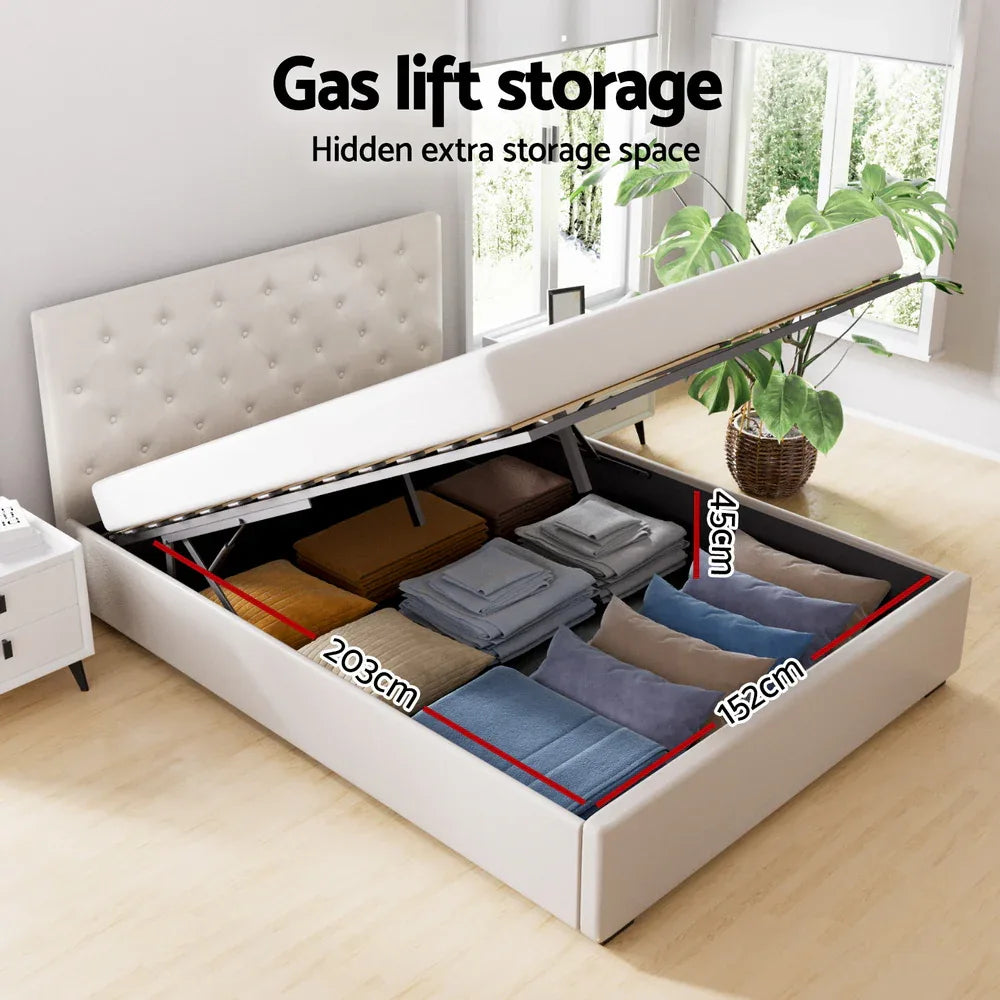 Artiss Bed Frame Queen Size Gas Lift Beige VILA - Mekamart Australia