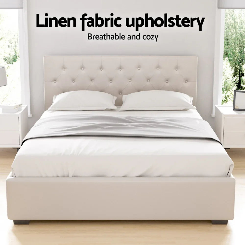 Artiss Bed Frame Queen Size Gas Lift Beige VILA - Mekamart Australia