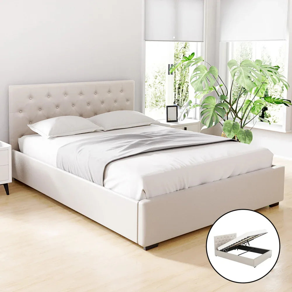 Artiss Bed Frame Queen Size Gas Lift Beige VILA - Mekamart Australia