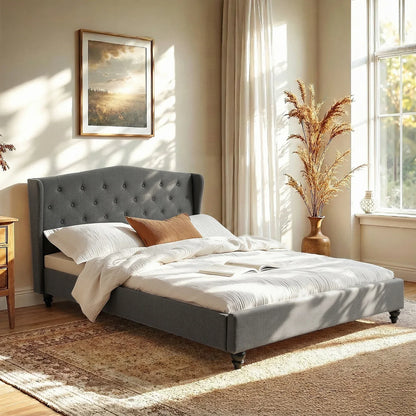 Artiss Queen Bed Frame with Wingback Headboard Grey Linen Upholstered Platform Bed Base