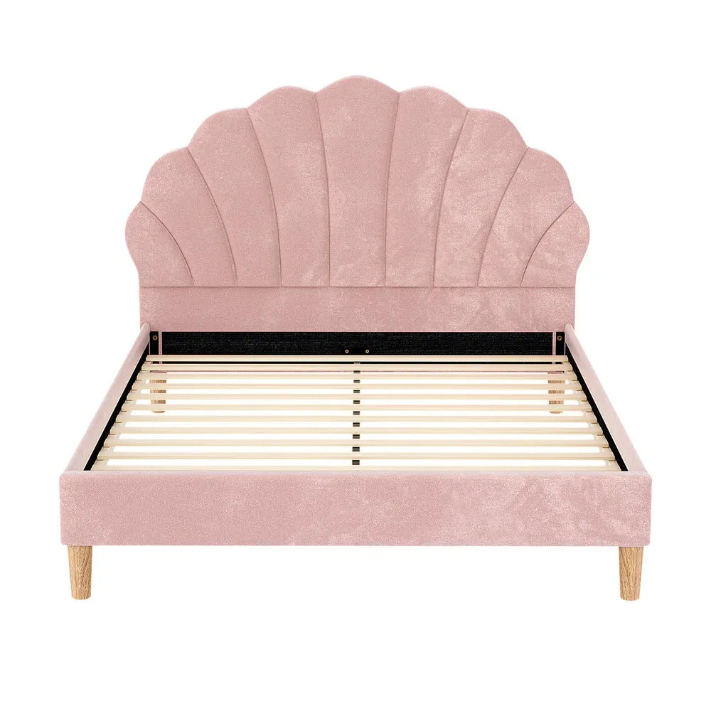 Artiss Bed Frame Double Size Scallop-Shape Bedhead Beds Base Pink Velvet Fabric - Mekamart Australia