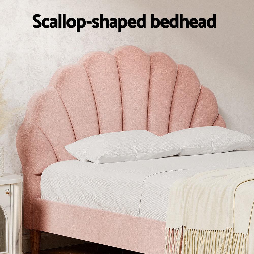 Artiss Bed Frame Double Size Scallop-Shape Bedhead Beds Base Pink Velvet Fabric - Mekamart Australia