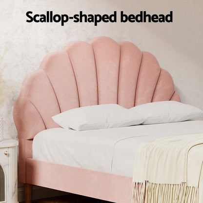 Artiss Bed Frame Double Size Scallop-Shape Bedhead Beds Base Pink Velvet Fabric - Mekamart Australia