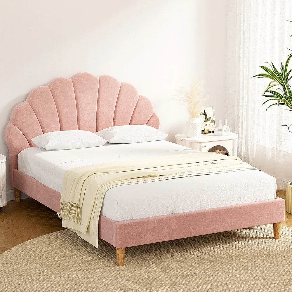 Artiss Bed Frame Double Size Scallop-Shape Bedhead Beds Base Pink Velvet Fabric - Mekamart Australia