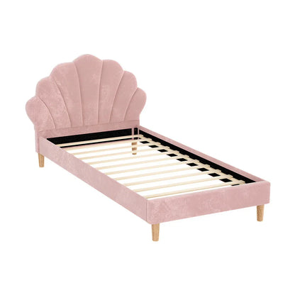 Artiss Bed Frame King Single Size Scallop-Shape Bedhead Beds Base Pink Velvet Fabric - Mekamart Australia