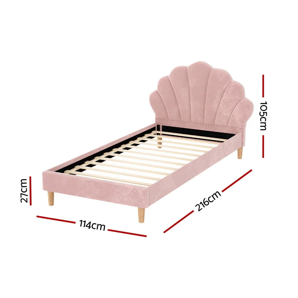 Artiss Bed Frame King Single Size Scallop-Shape Bedhead Beds Base Pink Velvet Fabric - Mekamart Australia