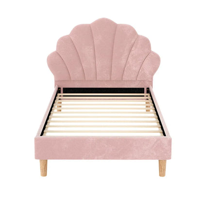 Artiss Bed Frame King Single Size Scallop-Shape Bedhead Beds Base Pink Velvet Fabric - Mekamart Australia