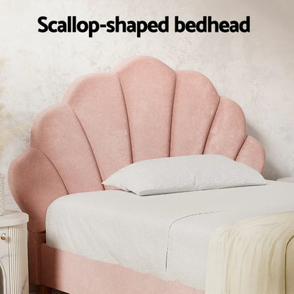 Artiss Bed Frame King Single Size Scallop-Shape Bedhead Beds Base Pink Velvet Fabric - Mekamart Australia