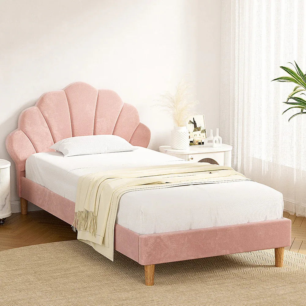 Artiss Bed Frame King Single Size Scallop-Shape Bedhead Beds Base Pink Velvet Fabric - Mekamart Australia
