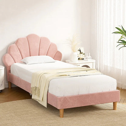 Artiss Bed Frame King Single Size Scallop-Shape Bedhead Beds Base Pink Velvet Fabric - Mekamart Australia