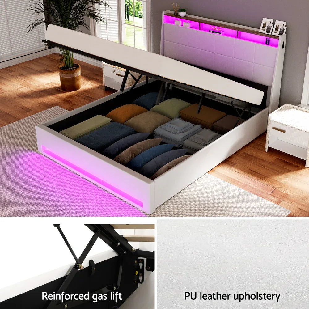 Artiss Bed Frame Gas Lift LED Beds Base Platform White PVC Leather Storage Headboard - Double - Mekamart Australia