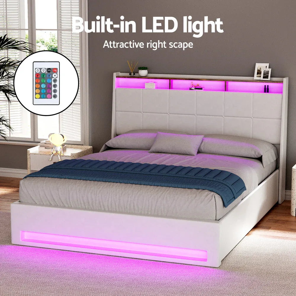 Artiss Bed Frame Gas Lift LED Beds Base Platform White PVC Leather Storage Headboard - Double - Mekamart Australia