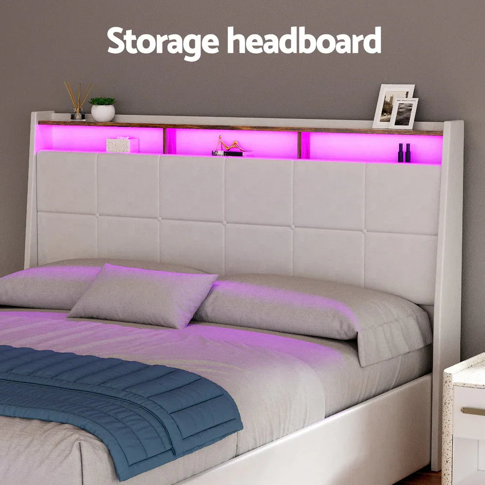 Artiss Bed Frame Gas Lift LED Beds Base Platform White PVC Leather Storage Headboard - Double - Mekamart Australia